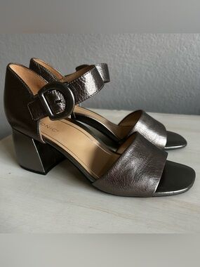Vionic Metallic Pewter Ankle-Strap Block Heel Sandals, silver, women’s size 10.